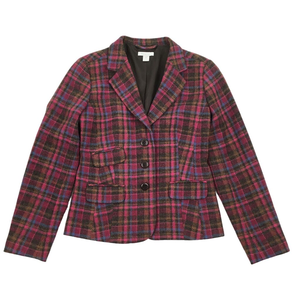 Garnet Hill Blazer Jacket Women's sz 4 Pink Tartan Plaid 100% Wool 3-BTN Pockets